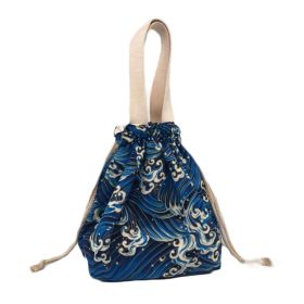 Japanese Style Cute Lunch Box Bento Bag Blue Sea Wave Drawstring Canvas Lunch Bag Large Capacity Lunch Tote Bag