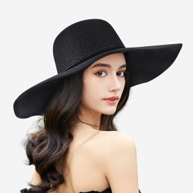 Wide Brim Sunscreen Visor Hat Solid Color Breathable Straw Hat; Women Outdoor Travel Cool Beach Hat; Versatile Elegant Accessories (Color: black)