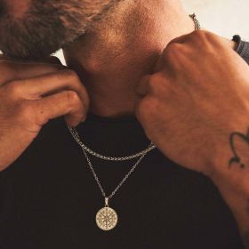 Layered Necklaces for Men; Sailing Travel Compass Pendant; Stainless Steel Cuban Figaro Wheat Chain; Casual Retro Collar (Metal Color: Silver Wheat104-50S)