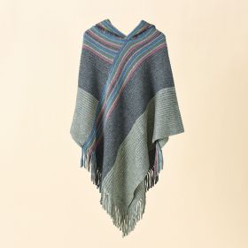 Women's color matching spring autumn winter hooded shawls mid-length student leisure tassel shawl travel (Color: Gray)