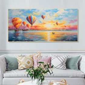 Hand Painted Oil Painting Colorful Hot Air Balloon Texture Painting Ocean Sunrise Cloud Wall Art Travel Landscape Canvas Oil Painting (size: 60x120cm)