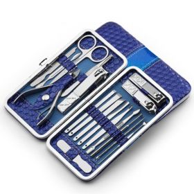 Set of 18 Pieces Nail Clipper Set Stainless Steel Nail Tools Manicure & Pedicure Travel Grooming Kit with Hard Case (Color: Blue)