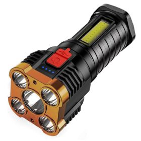 5 LED Flashlight; USB Rechargeable Strong Light With COB Side Searchlight For Outdoor Travel Emergency (Color: Golden)