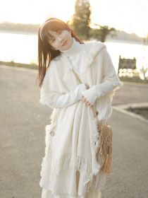 Women Shawl Bohemian Tassel Sweater Cape Knit Shirt Hollow Out Grassland Travel Cloak Hooded Scarf Spring Summer Autumn Winter (Color: White)