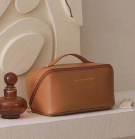 Large Cosmetic Makeup Bag, Multi function Travel Bag, Leather Cosmetic Bag (Color: Brown 1 layer)