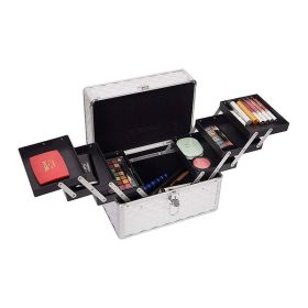 Portable travel makeup box with folded to storage box (Color: Silver)